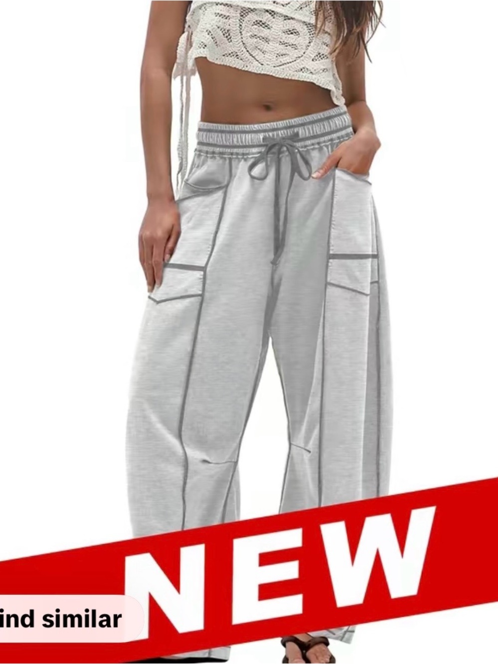 Wide Leg Drawstring Cargo Pants - Light Gray